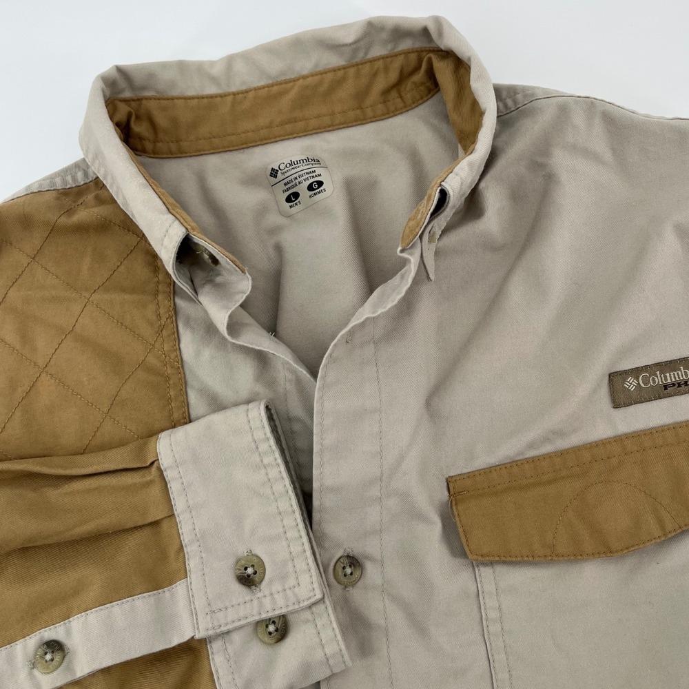 Columbia PHG Shooting Shirt Mens L Beige Tan Omni-Shield Hunting Button Down